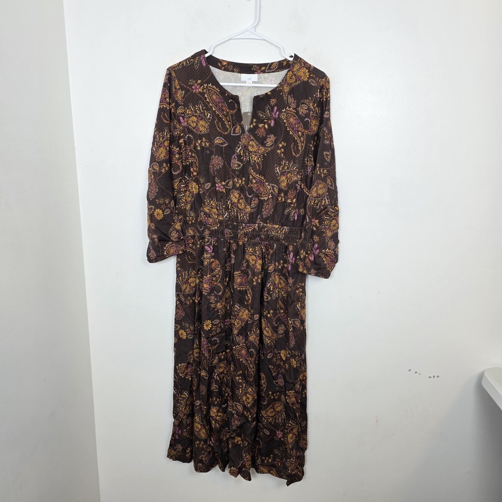 J. Jill Brown Floral Paisley Smocked Waist Boho Modest Cottage Midi Dress Size M - Picture 4 of 13